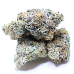 BC Kush cannabis flower with frosty dense buds and crystal trichomes from Omybuds
