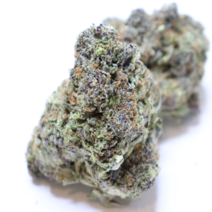 Black Gas premium cannabis flower with dense frosty buds, dark purple hues and pungent diesel aroma available at Omybuds