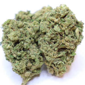 Close-up of Raspberry Cough cannabis flower featuring amber trichomes and orange pistils
