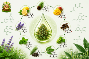 Cannabis terpenes infographic illustrating terpene compounds, natural sources, molecular structures, aromas, flavours and potential effects found in cannabis plants by Omybuds.