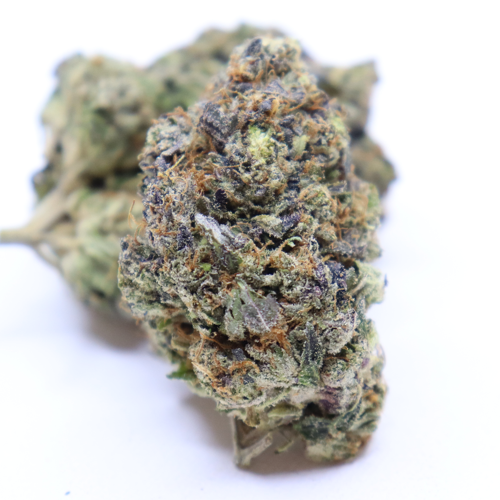 Gucci Pink indica cannabis flower with frosty purple buds and rich trichome coverage from Omybuds