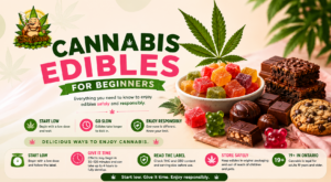 Cannabis edibles for beginners banner featuring THC gummies, chocolates, brownies, cookies, cannabis beverages, and beginner safety tips.