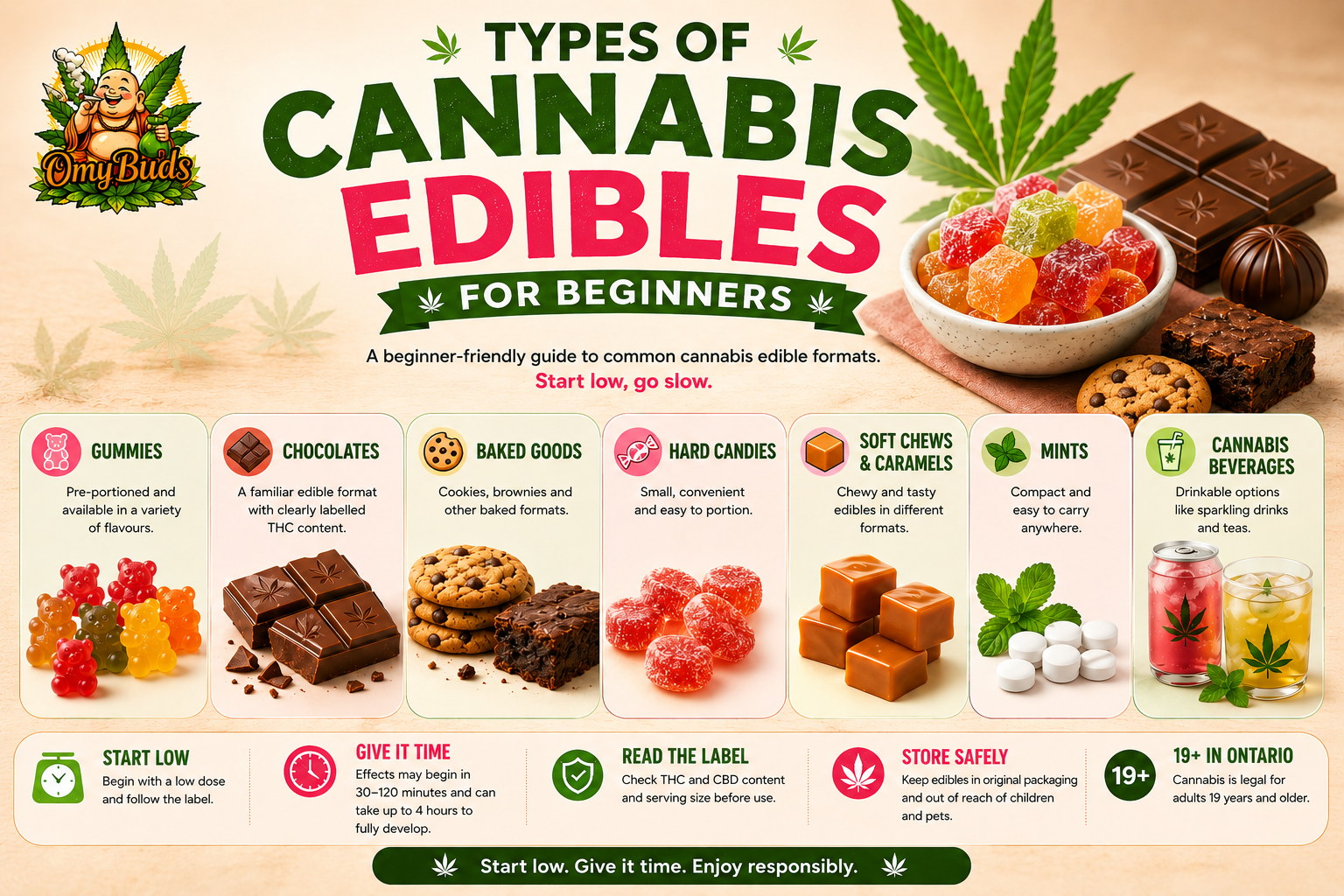 Infographic showing common types of cannabis edibles for beginners, including THC gummies, chocolates, baked goods, hard candies, soft chews, mints, and cannabis beverages.